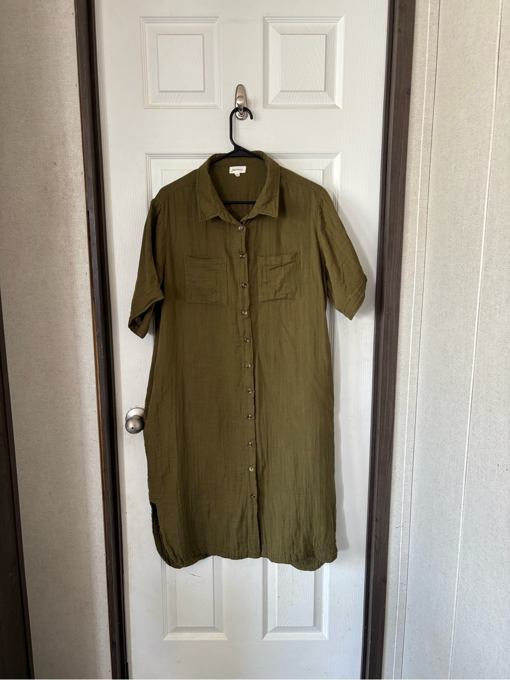 Cost Plus World Market Olive Green Button-Front Midi Shirt Dress